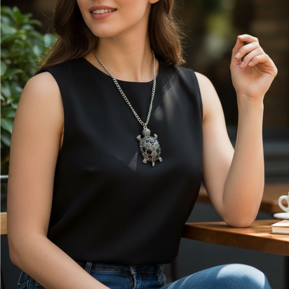 Pavé Crystal Turtle Pendant Necklace – Long Adjustable Chain, Gunmetal Tone